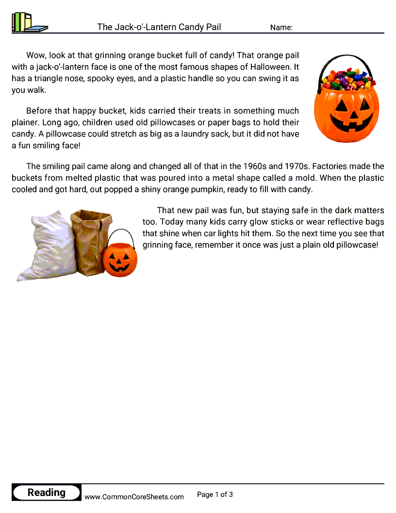 2nd Grade 31 Days of Halloween Reading - The Jack-o'-Lantern Candy Pail worksheet