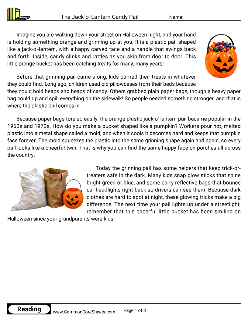 3rd Grade 31 Days of Halloween Reading - The Jack-o'-Lantern Candy Pail worksheet