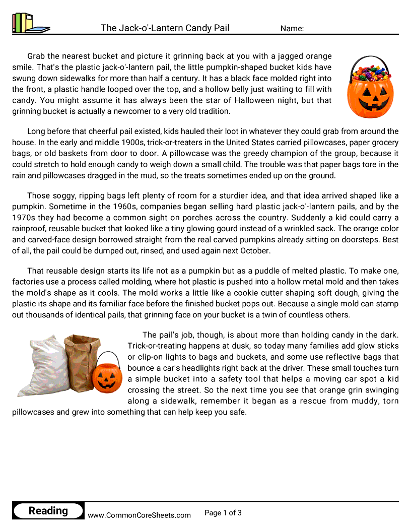 6th Grade 31 Days of Halloween Reading - The Jack-o'-Lantern Candy Pail worksheet