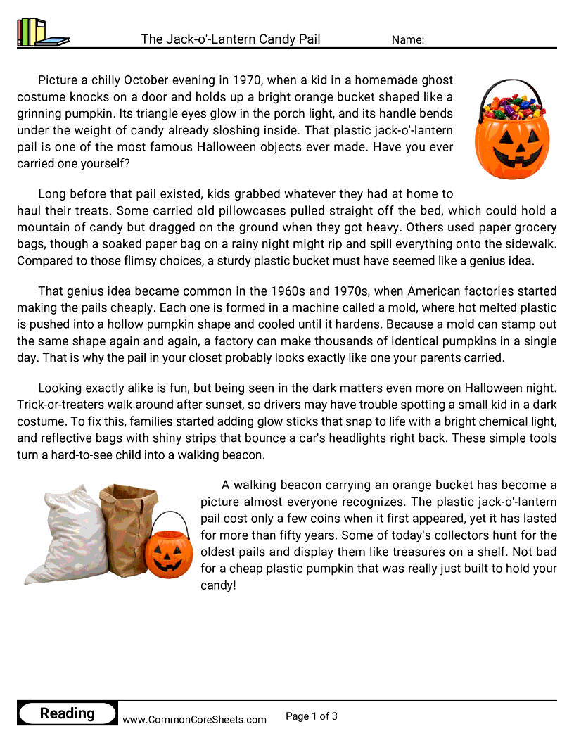 31 Days of Halloween Reading - The Jack-o'-Lantern Candy Pail worksheet