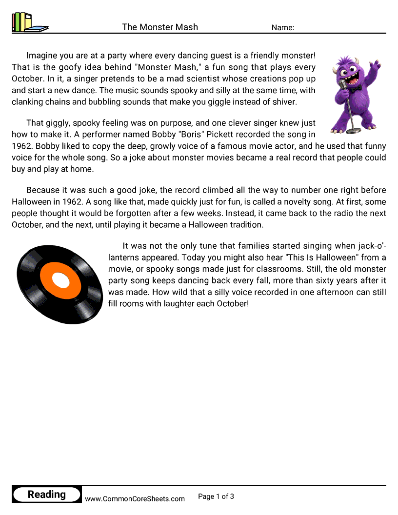 3rd Grade 31 Days of Halloween Reading - The Monster Mash worksheet