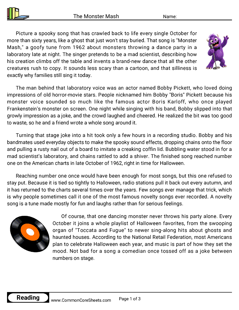 5th Grade 31 Days of Halloween Reading - The Monster Mash worksheet
