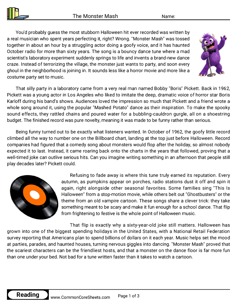 6th Grade 31 Days of Halloween Reading - The Monster Mash worksheet