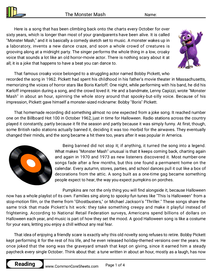7th Grade 31 Days of Halloween Reading - The Monster Mash worksheet