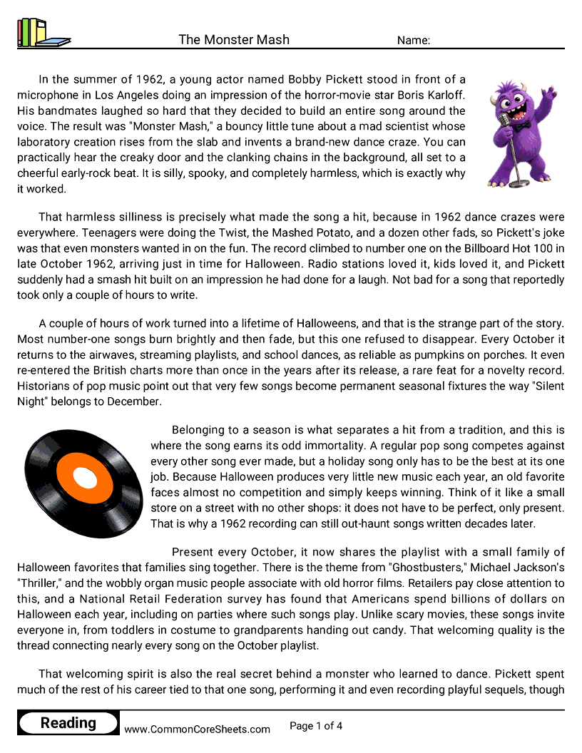 8th Grade 31 Days of Halloween Reading - The Monster Mash worksheet
