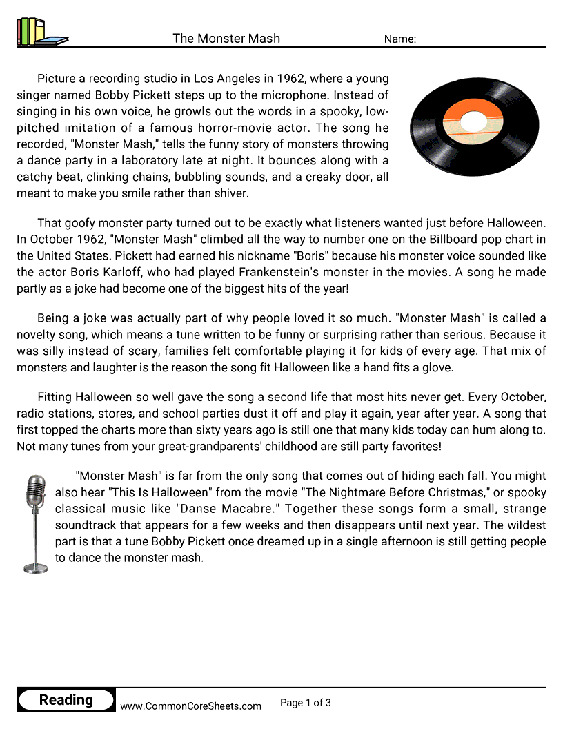 31 Days of Halloween Reading - The Monster Mash worksheet