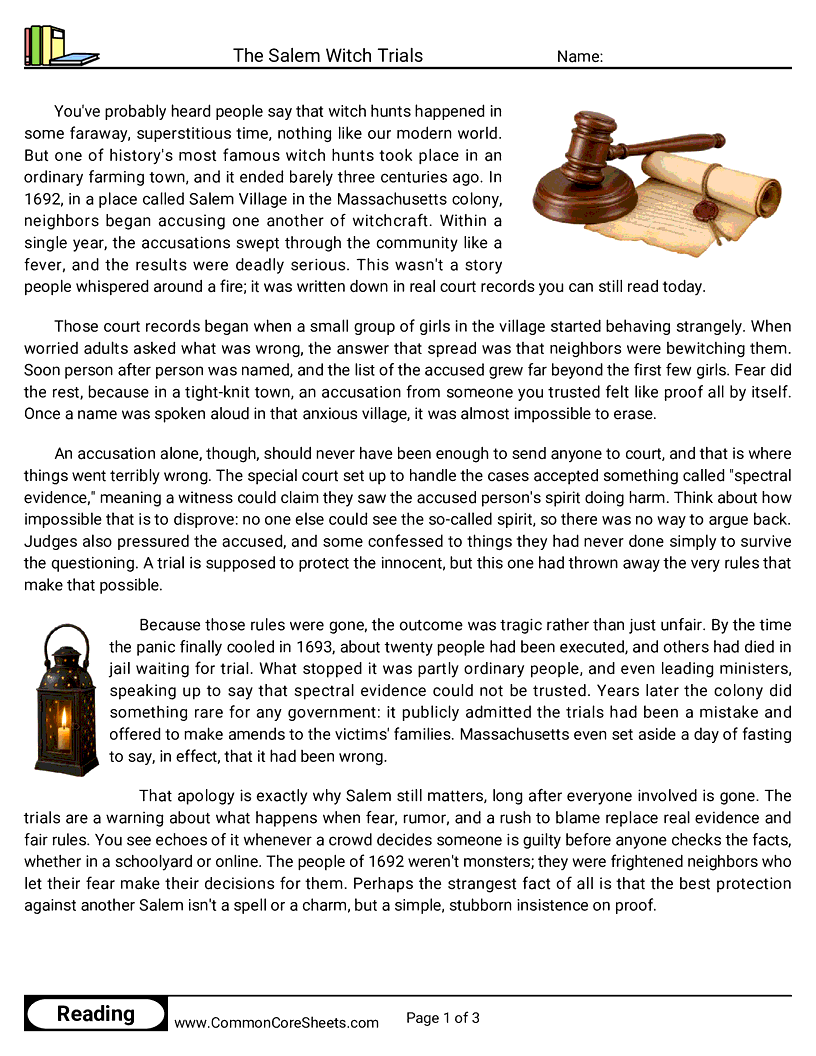 6th Grade 31 Days of Halloween Reading - The Salem Witch Trials worksheet