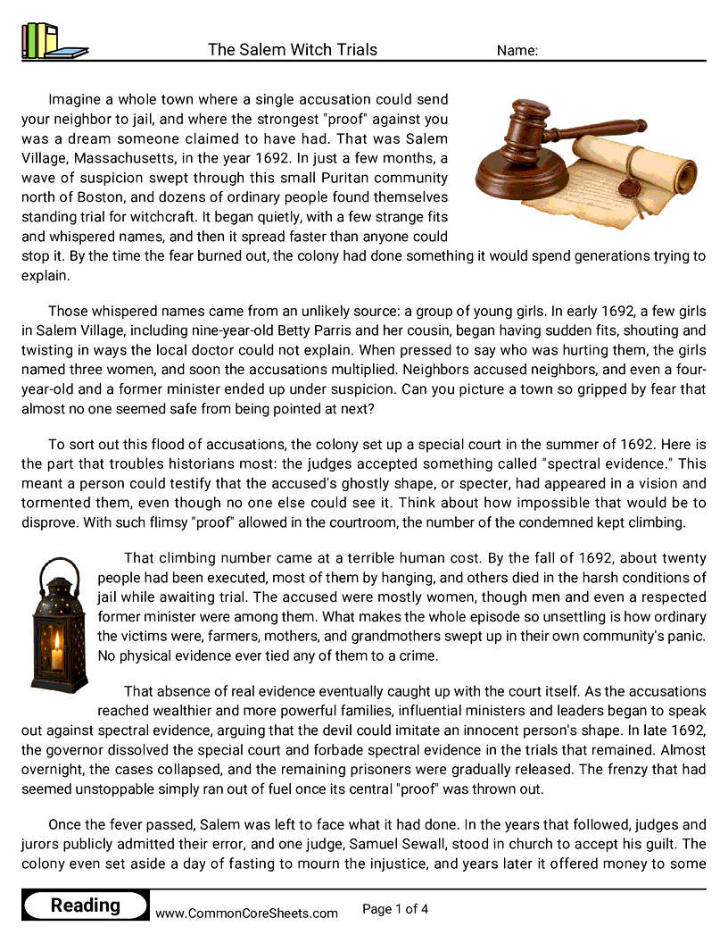 7th Grade 31 Days of Halloween Reading - The Salem Witch Trials worksheet