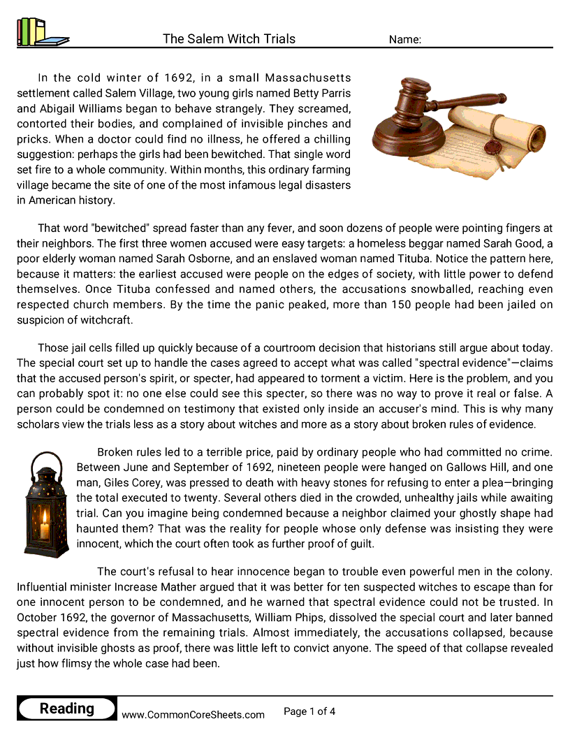 8th Grade 31 Days of Halloween Reading - The Salem Witch Trials worksheet