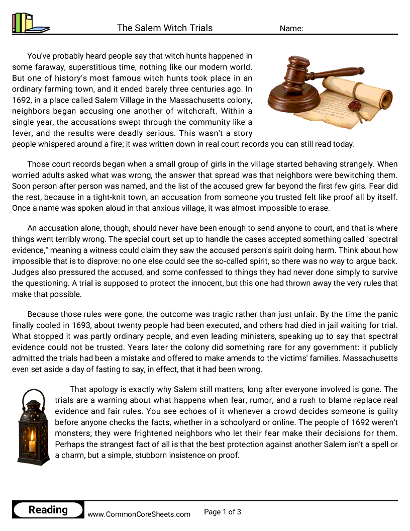 31 Days of Halloween Reading - The Salem Witch Trials worksheet