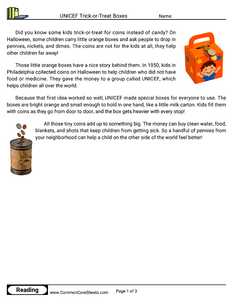 2nd Grade 31 Days of Halloween Reading - UNICEF Trick-or-Treat Boxes worksheet