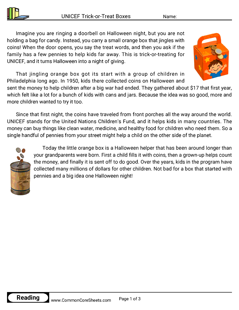 3rd Grade 31 Days of Halloween Reading - UNICEF Trick-or-Treat Boxes worksheet