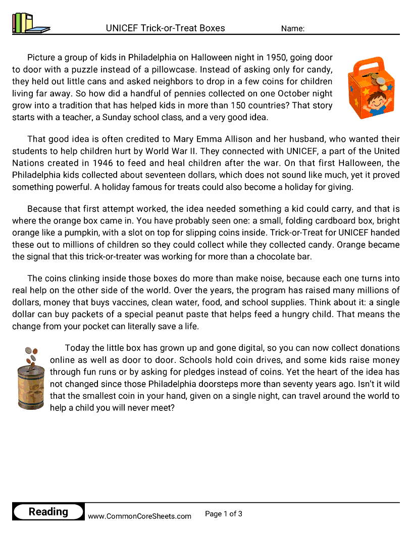 5th Grade 31 Days of Halloween Reading - UNICEF Trick-or-Treat Boxes worksheet