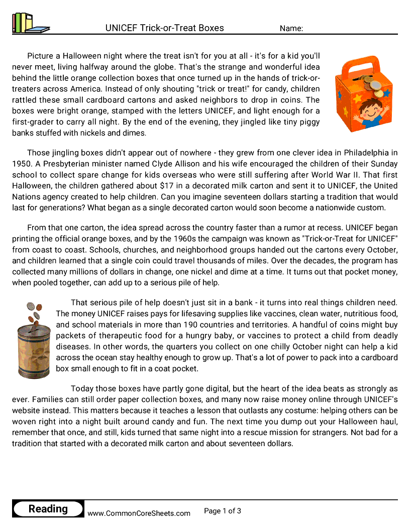6th Grade 31 Days of Halloween Reading - UNICEF Trick-or-Treat Boxes worksheet