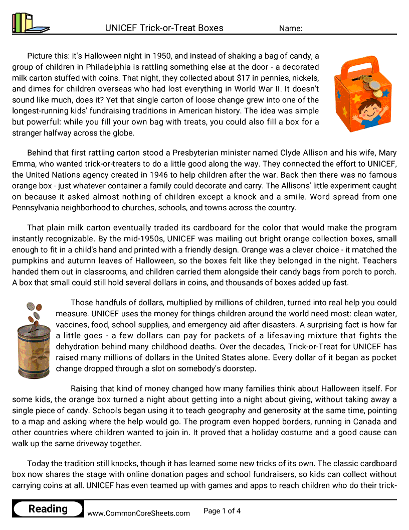 7th Grade 31 Days of Halloween Reading - UNICEF Trick-or-Treat Boxes worksheet