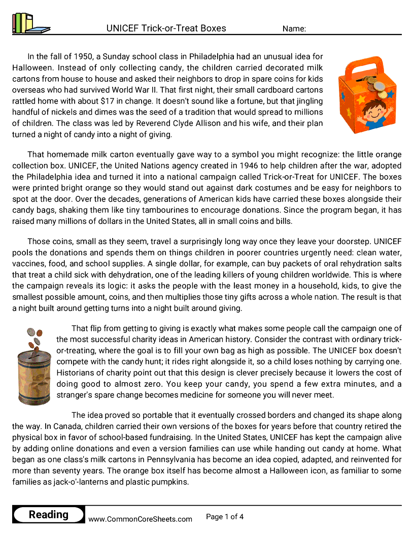 8th Grade 31 Days of Halloween Reading - UNICEF Trick-or-Treat Boxes worksheet
