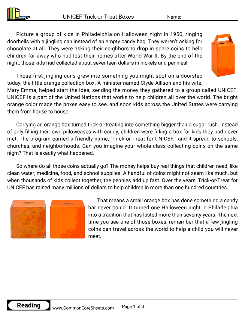 31 Days of Halloween Reading - UNICEF Trick-or-Treat Boxes worksheet