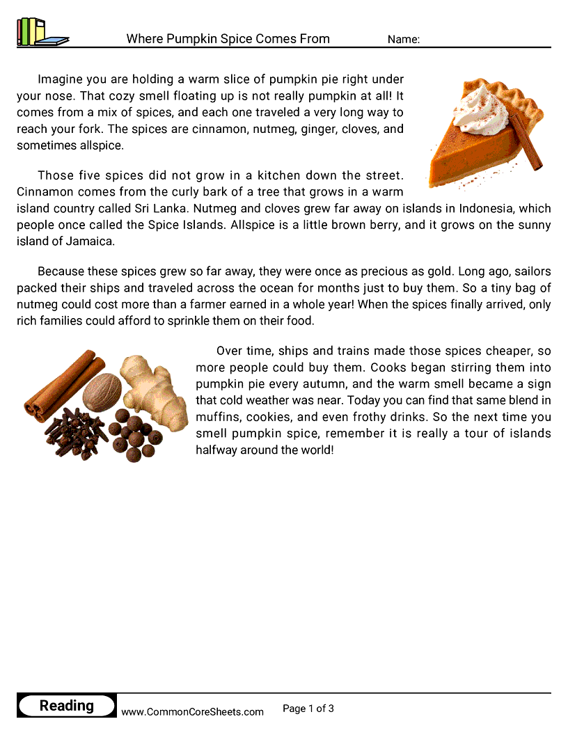3rd Grade 31 Days of Halloween Reading - Where Pumpkin Spice Comes From worksheet