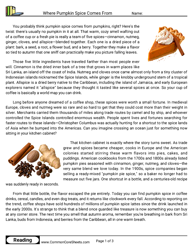 6th Grade 31 Days of Halloween Reading - Where Pumpkin Spice Comes From worksheet