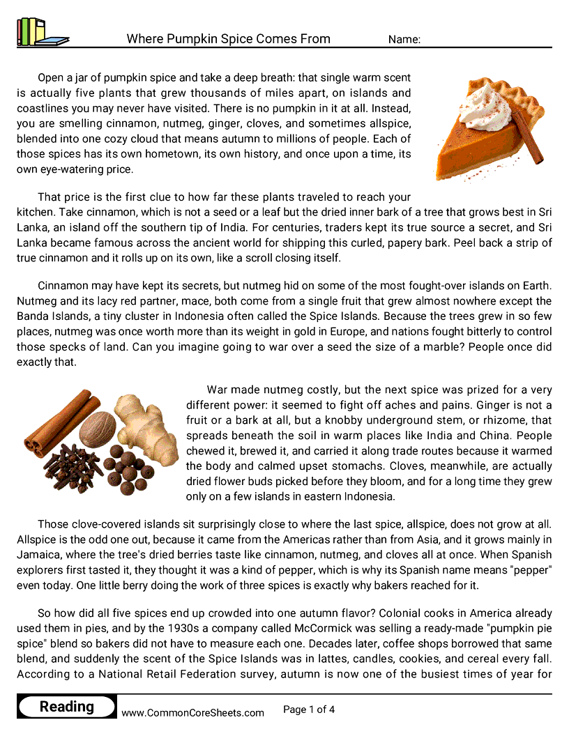 7th Grade 31 Days of Halloween Reading - Where Pumpkin Spice Comes From worksheet
