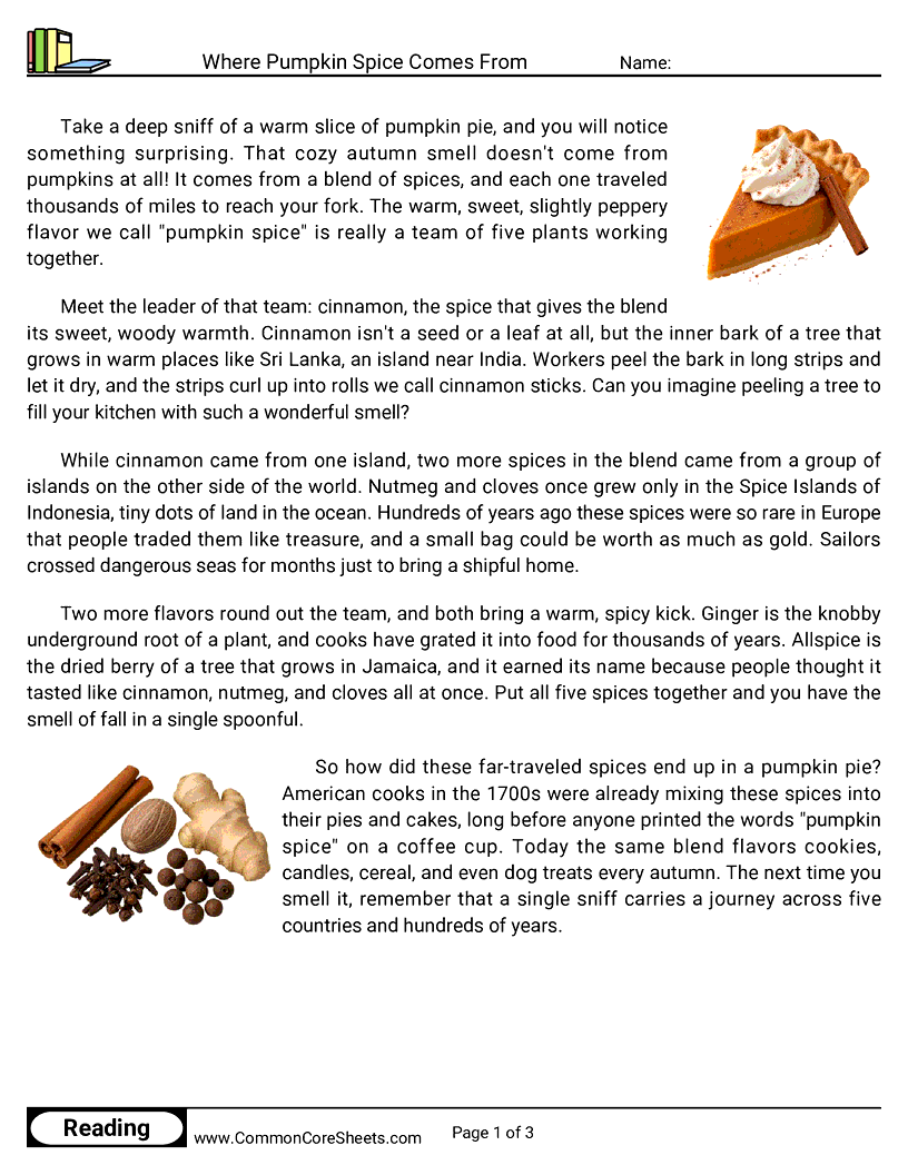 31 Days of Halloween Reading - Where Pumpkin Spice Comes From worksheet