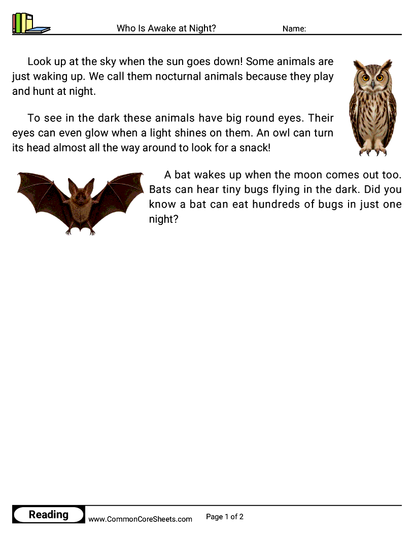 Kindergarten 31 Days of Halloween Reading - Who Is Awake at Night? worksheet