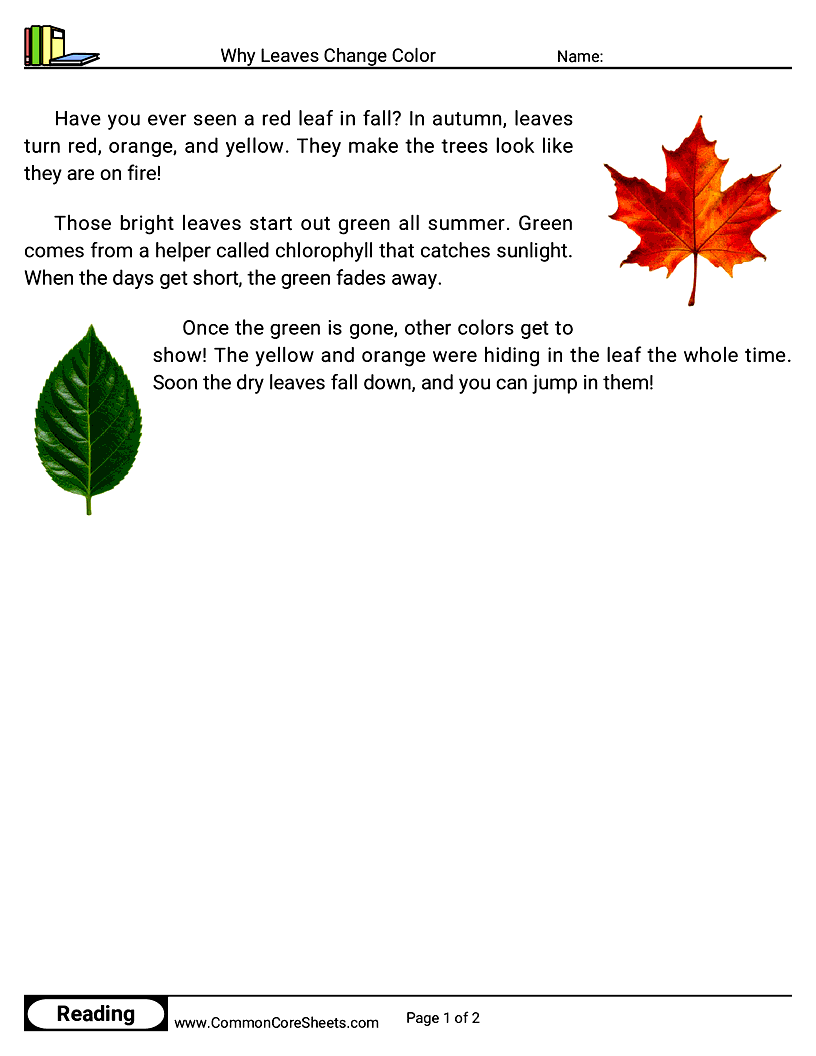 1st Grade 31 Days of Halloween Reading - Why Leaves Change Color worksheet