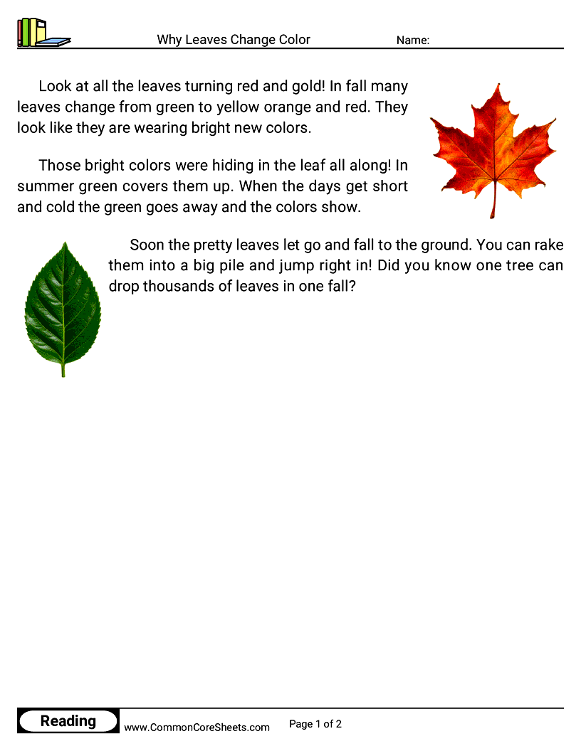 Kindergarten 31 Days of Halloween Reading - Why Leaves Change Color worksheet