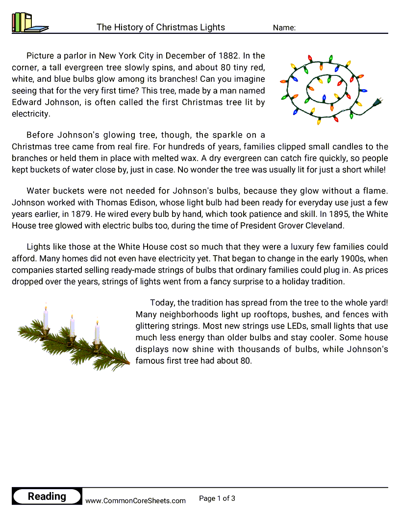 The History of Christmas Lights worksheet preview