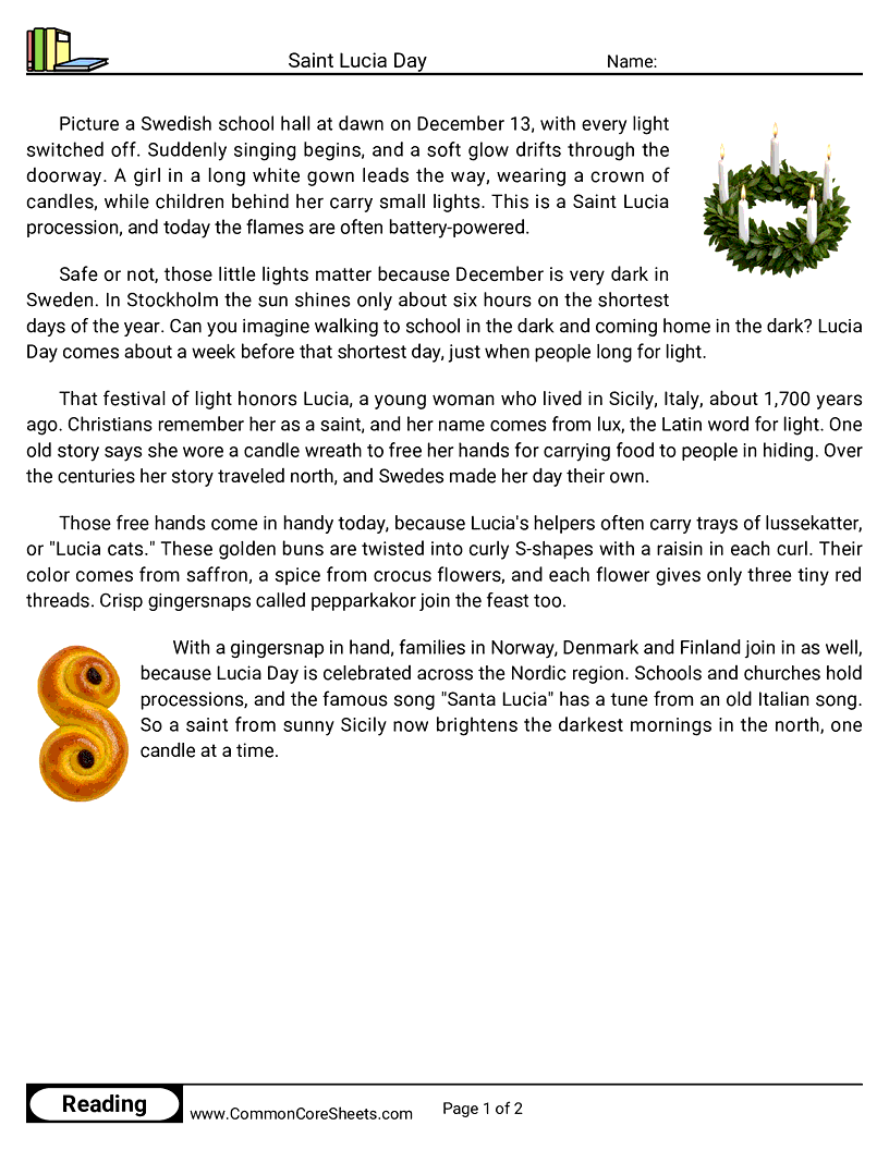 Saint Lucia Day worksheet preview