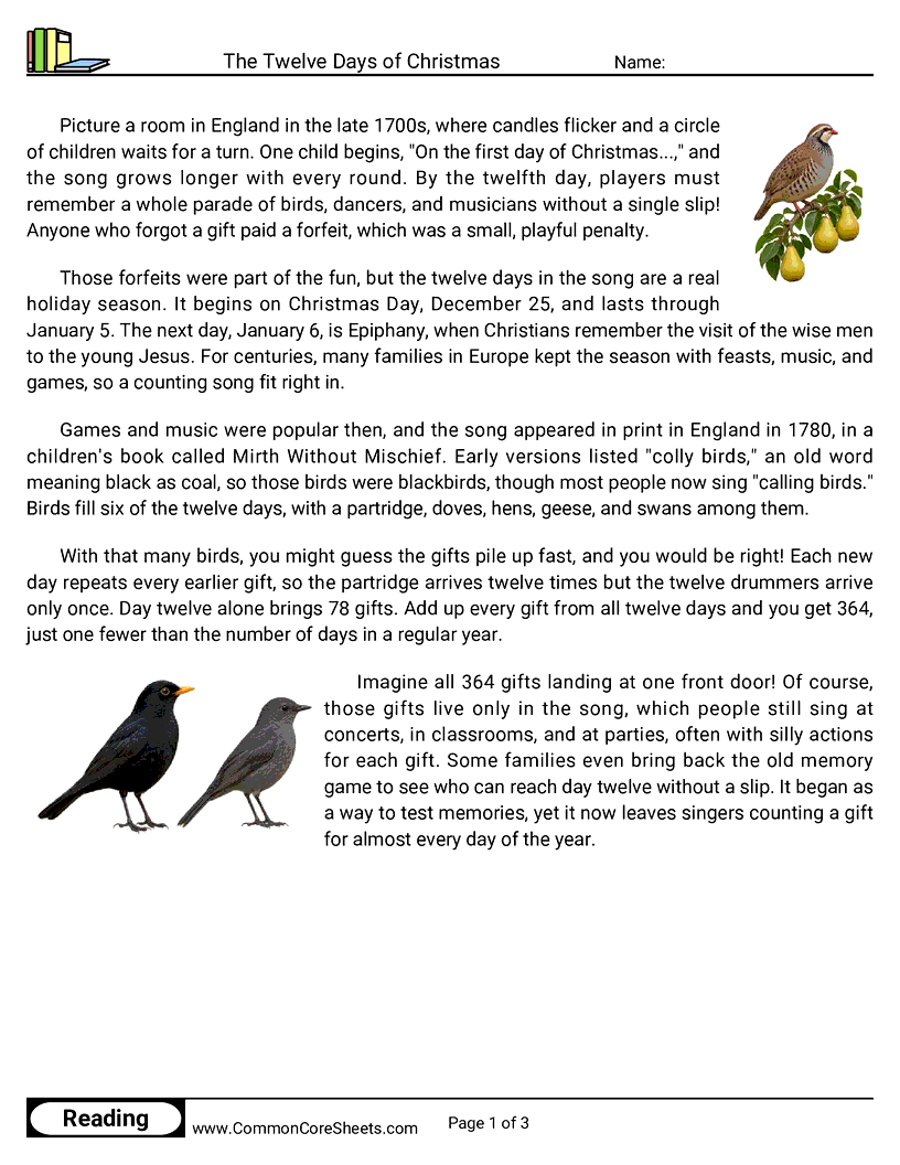 The Twelve Days of Christmas worksheet preview
