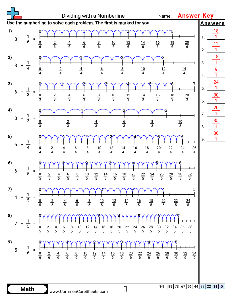Fraction Worksheets - numberline-whole-by-unit-fraction worksheet