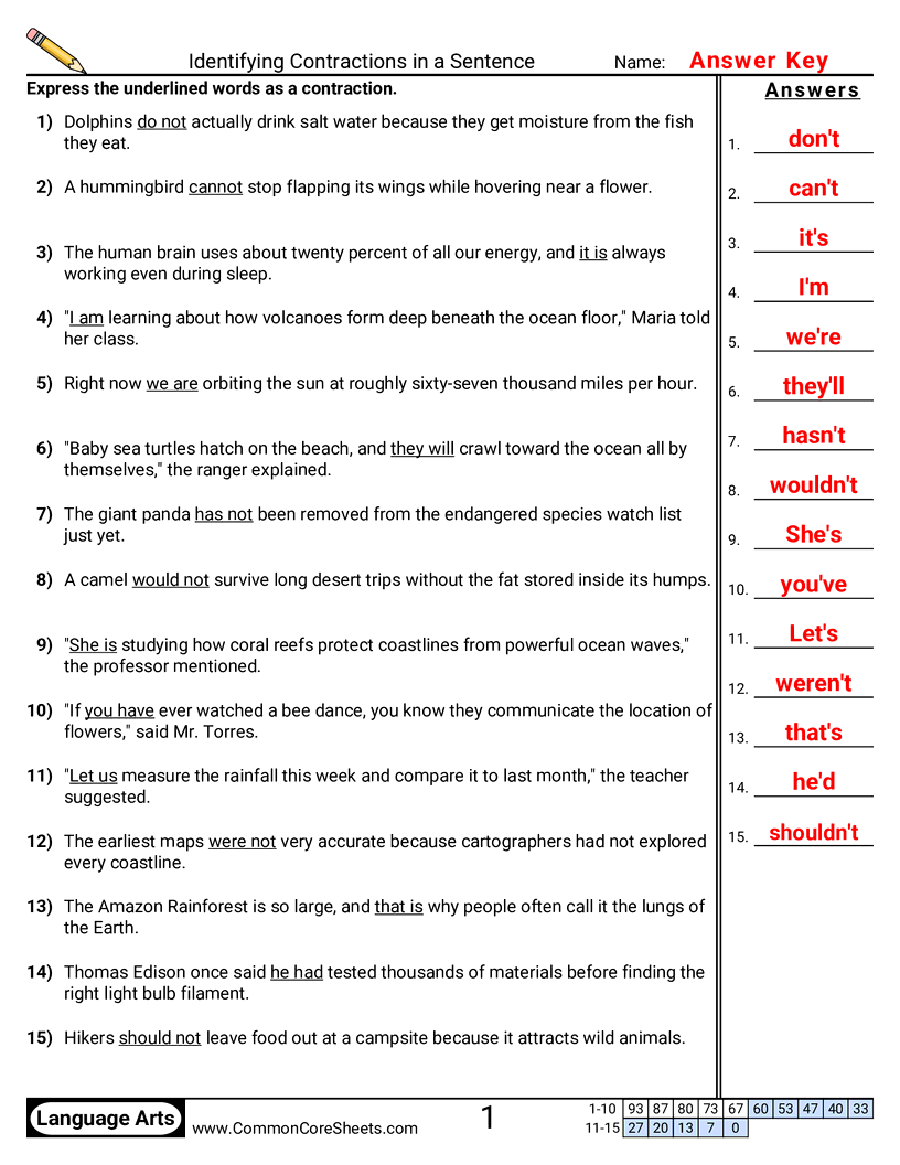 Punctuation Worksheets - Identifying Contractions in a Sentence  worksheet