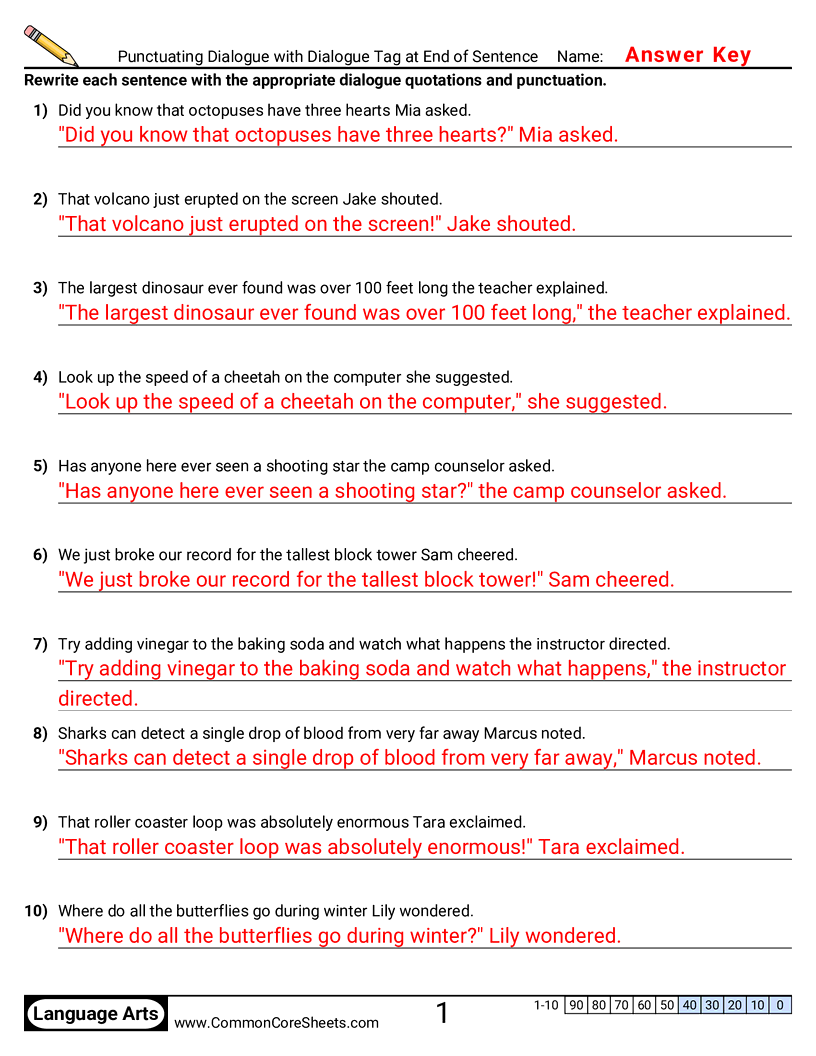 Punctuation Worksheets - Punctuating Dialogue with Dialogue Tag at End of Sentence  worksheet