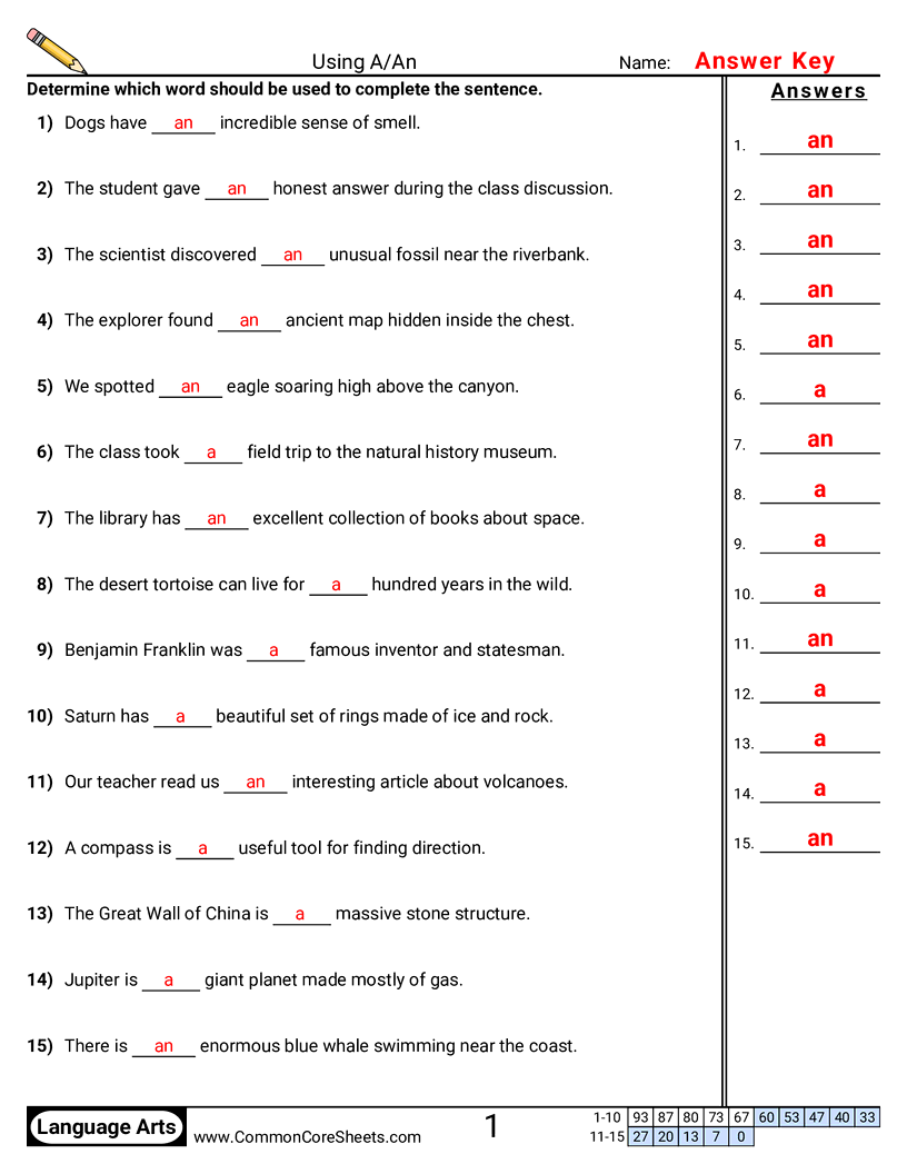 Common Misuses Worksheets - Using A/An worksheet