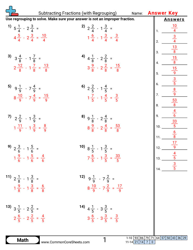 Fraction Worksheets - subtracting-fractions-with-regrouping worksheet