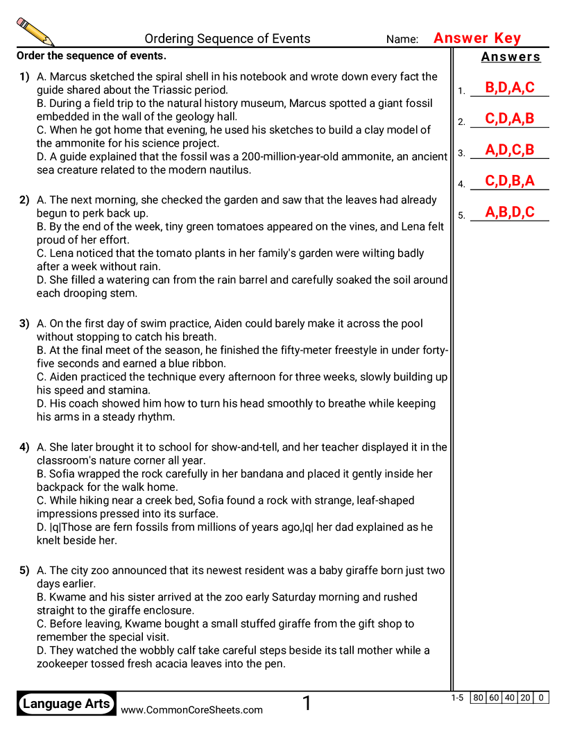 Reading Skills Worksheets - Ordering Sequence of Events  worksheet