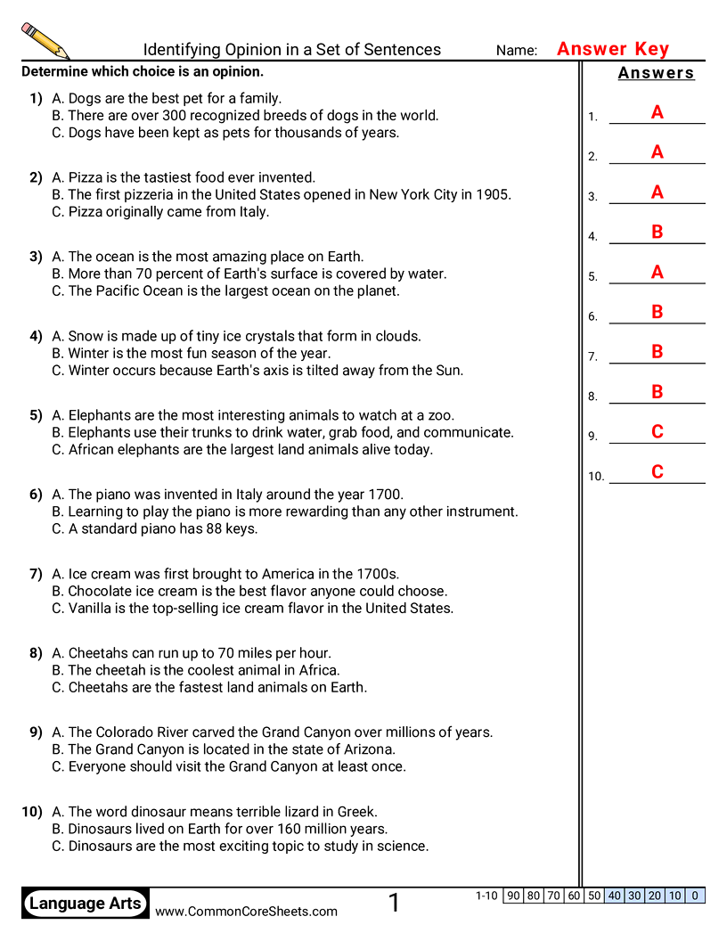 Reading Skills Worksheets - Identifying Opinion in a Set of Sentences  worksheet