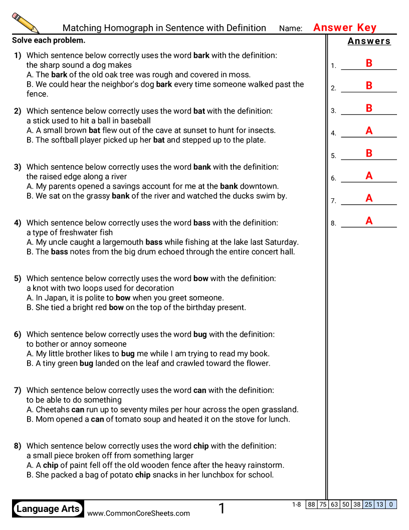 Vocabulary Worksheets - Matching Homograph in Sentence with Definition  worksheet