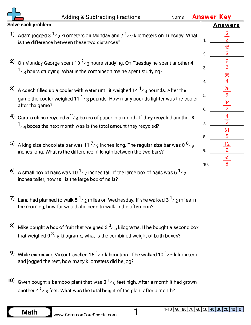 Fraction Worksheets - word-problems-same-denominator worksheet