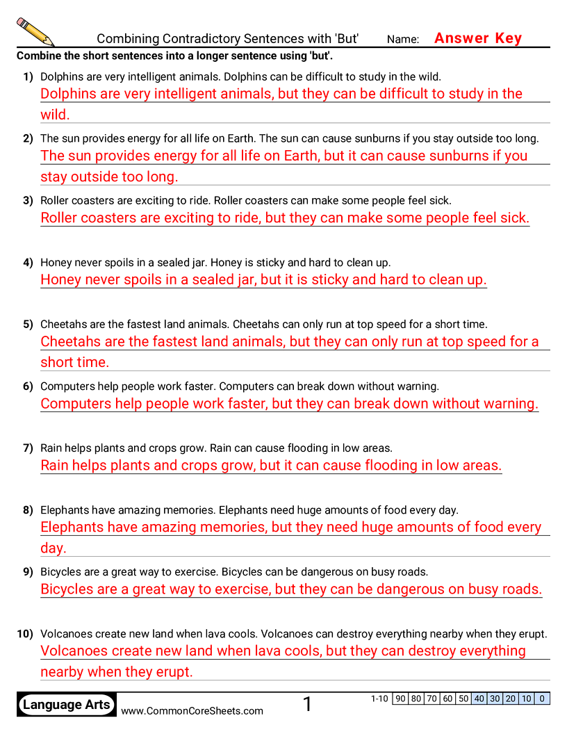 Sentence Worksheets - Combining Contradictory Sentences with 'But'  worksheet