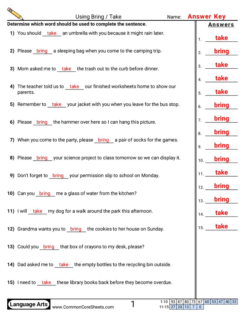 Common Misuses Worksheets - Using Bring / Take worksheet