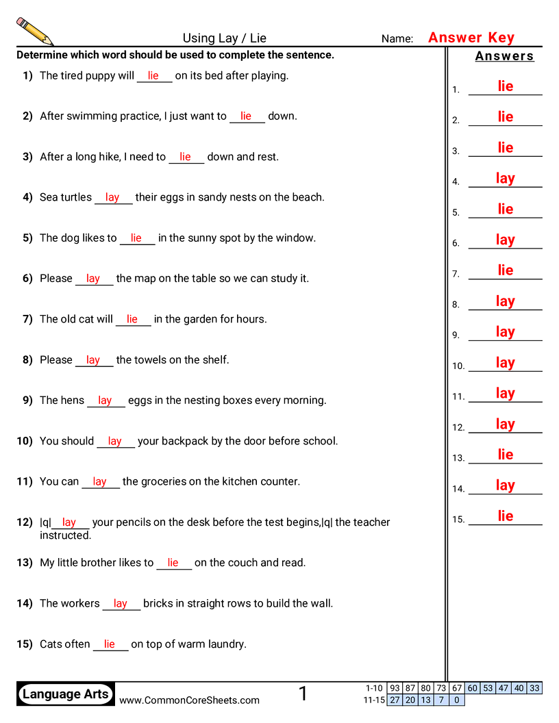 Common Misuses Worksheets - Using Lay / Lie worksheet
