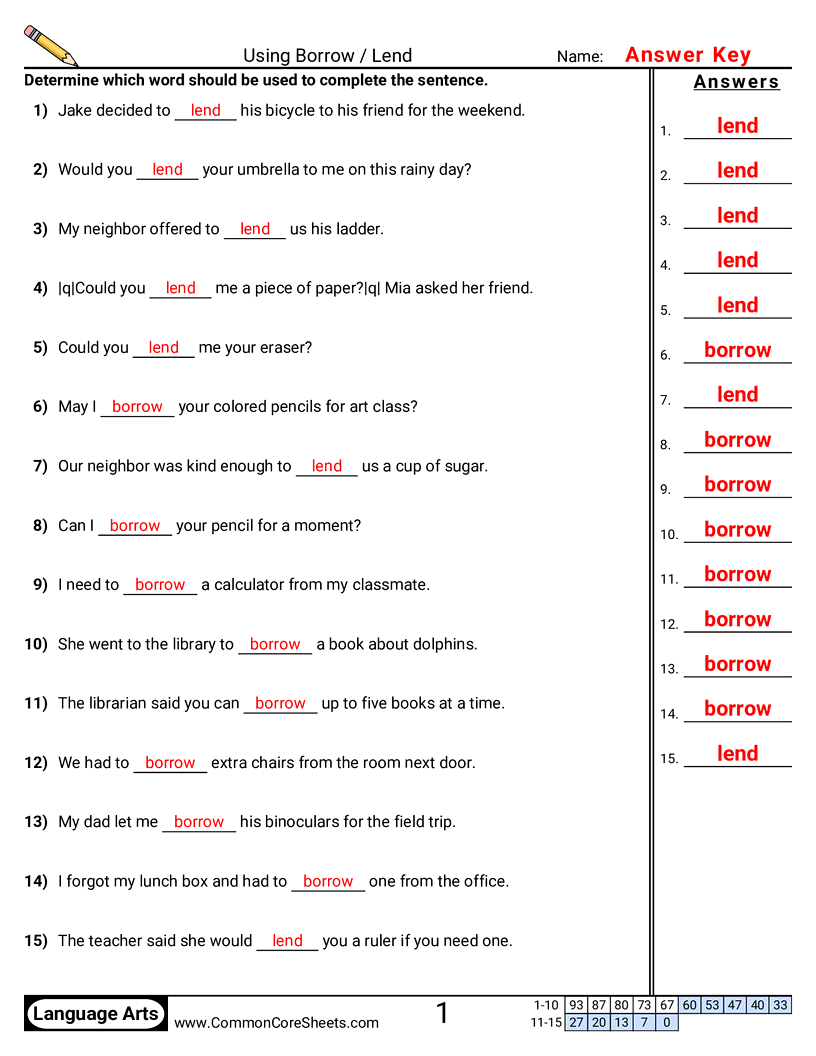 Common Misuses Worksheets - Using Borrow / Lend worksheet
