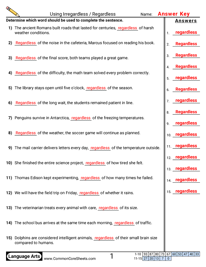 Common Misuses Worksheets - Using Irregardless / Regardless worksheet