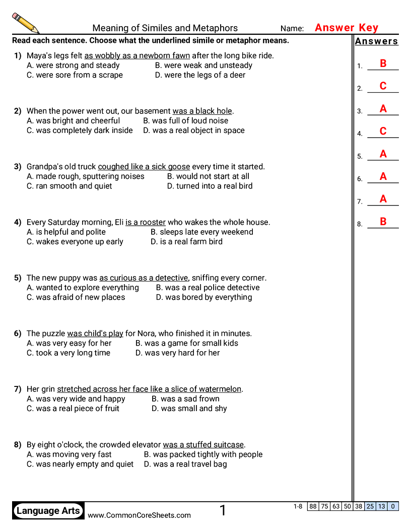 Figurative Language Vocabulary Worksheets - Meaning of Similes and Metaphors worksheet