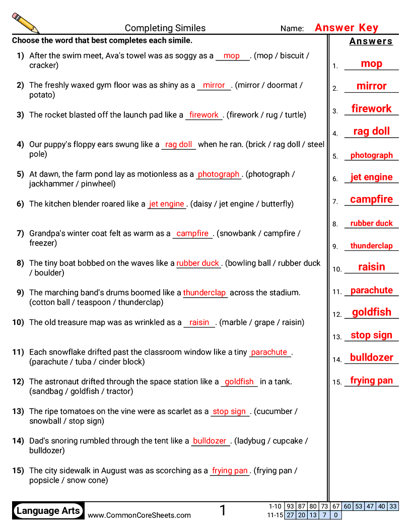 Figurative Language Vocabulary Worksheets - Completing Similes worksheet