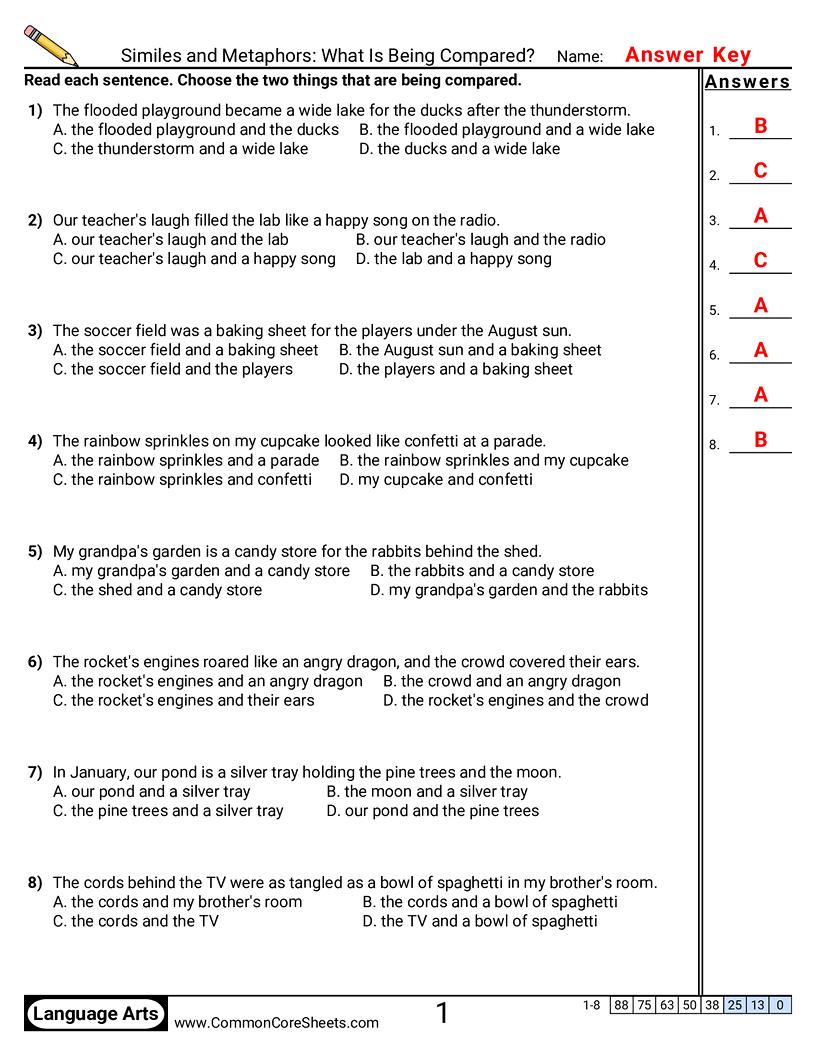 Figurative Language Vocabulary Worksheets - Similes and Metaphors: What Is Being Compared? worksheet