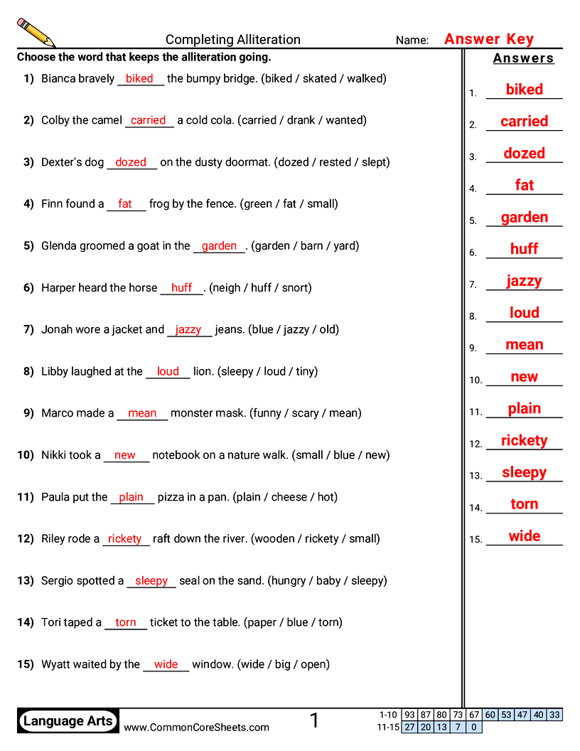 2nd Grade Vocabulary Worksheets - Completing Alliteration worksheet