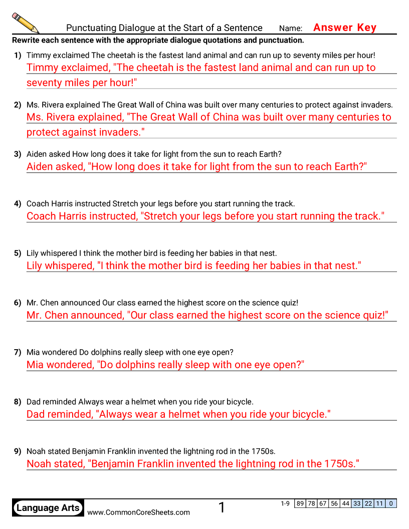 Punctuation Worksheets - Punctuating Dialogue at the Start of a Sentence  worksheet